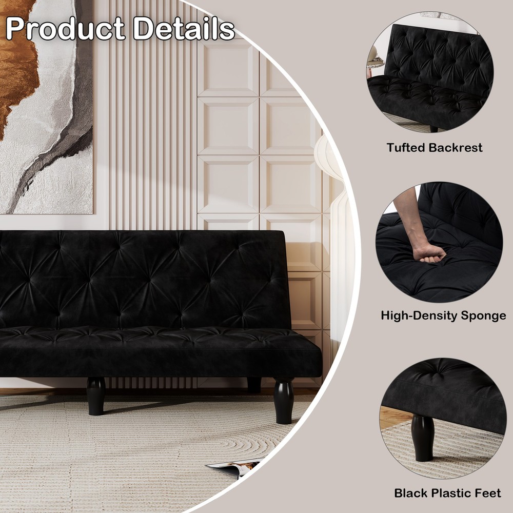 Sofa-to-Bed Evolution: 66" Black Velvet Sofa Bed Transforms Seamlessly, Ideal