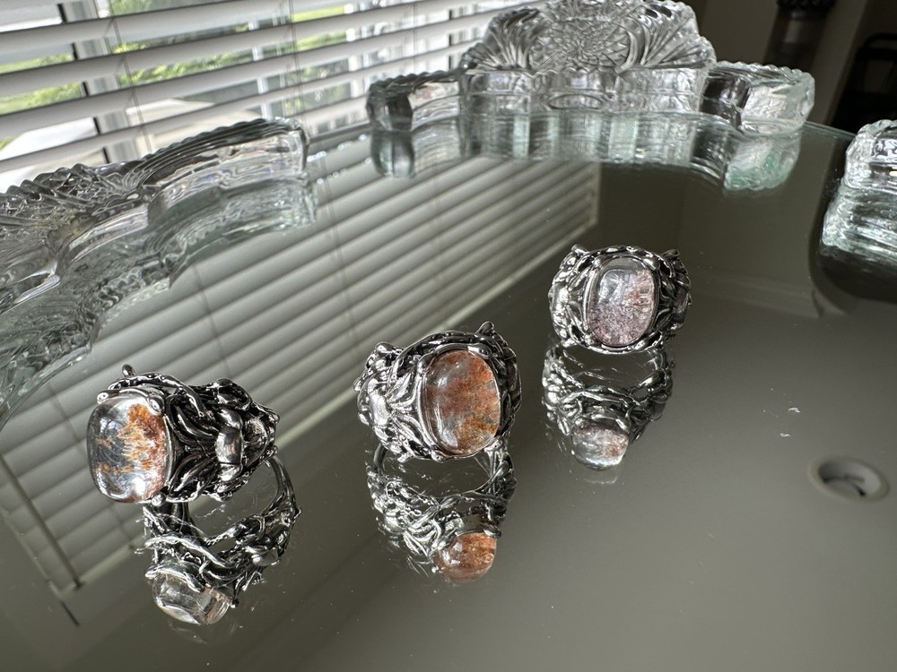 3x Natural Phantom Quartz Ring Adjustable Brass