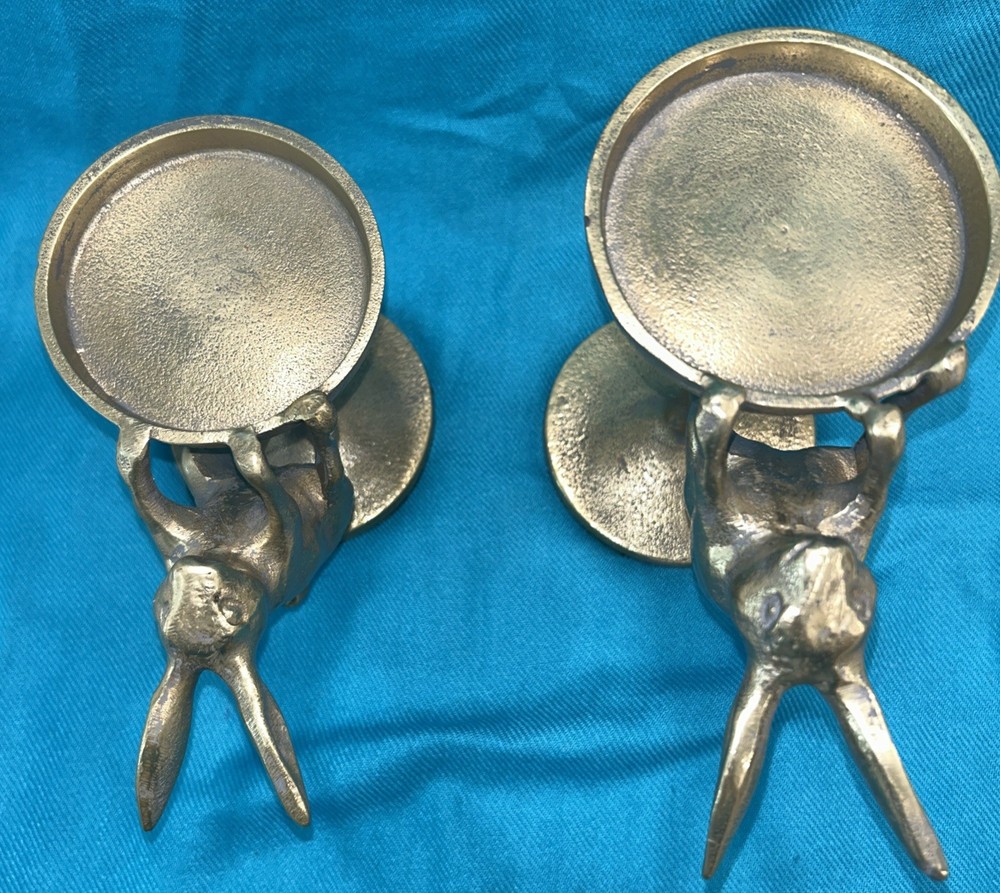 Pair (2) Brass Bunny Rabbit Candle Holders Easter Spring Made In India