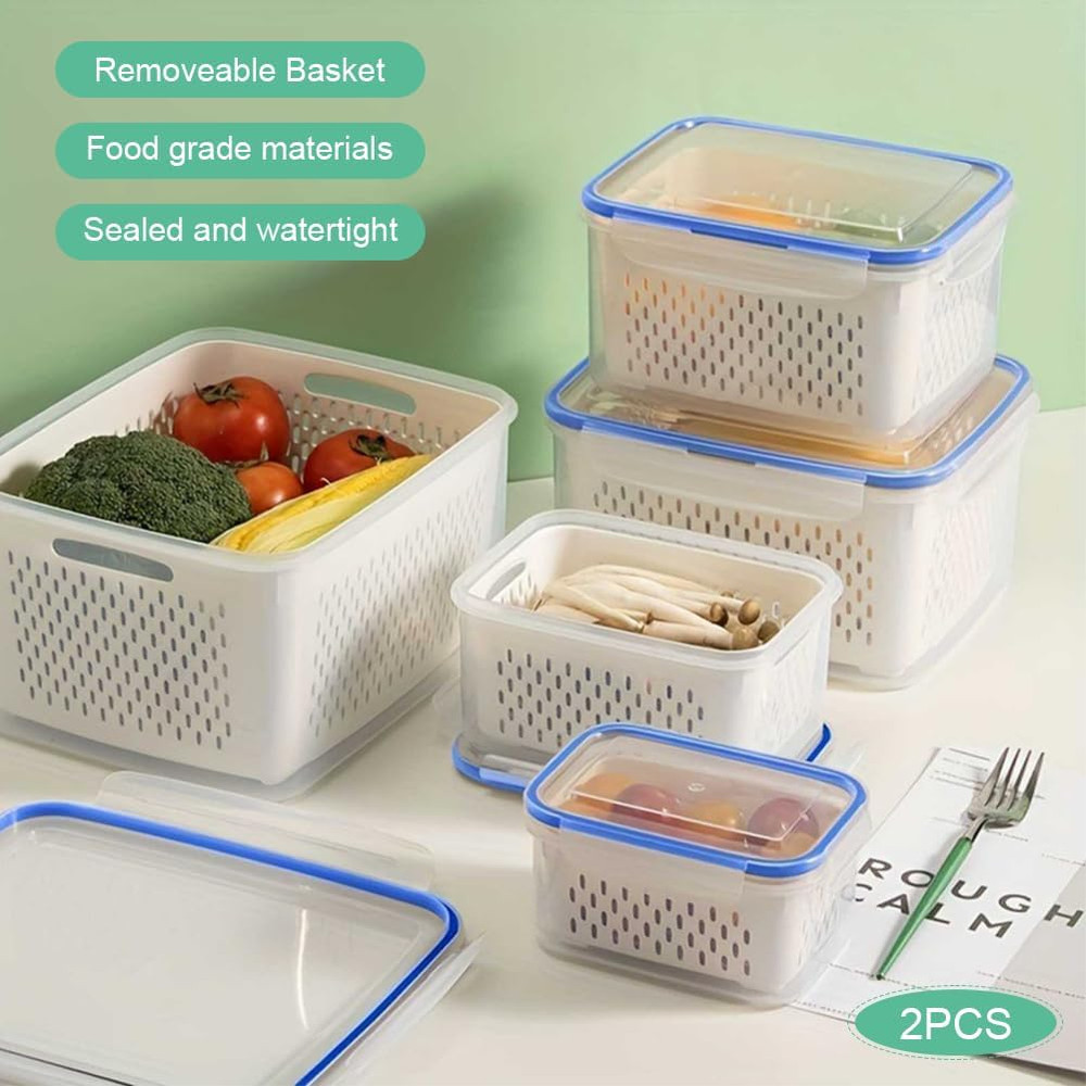 2 Pack Fruit Storage Containers for Fridge with Removable Colanders, Dishwasher