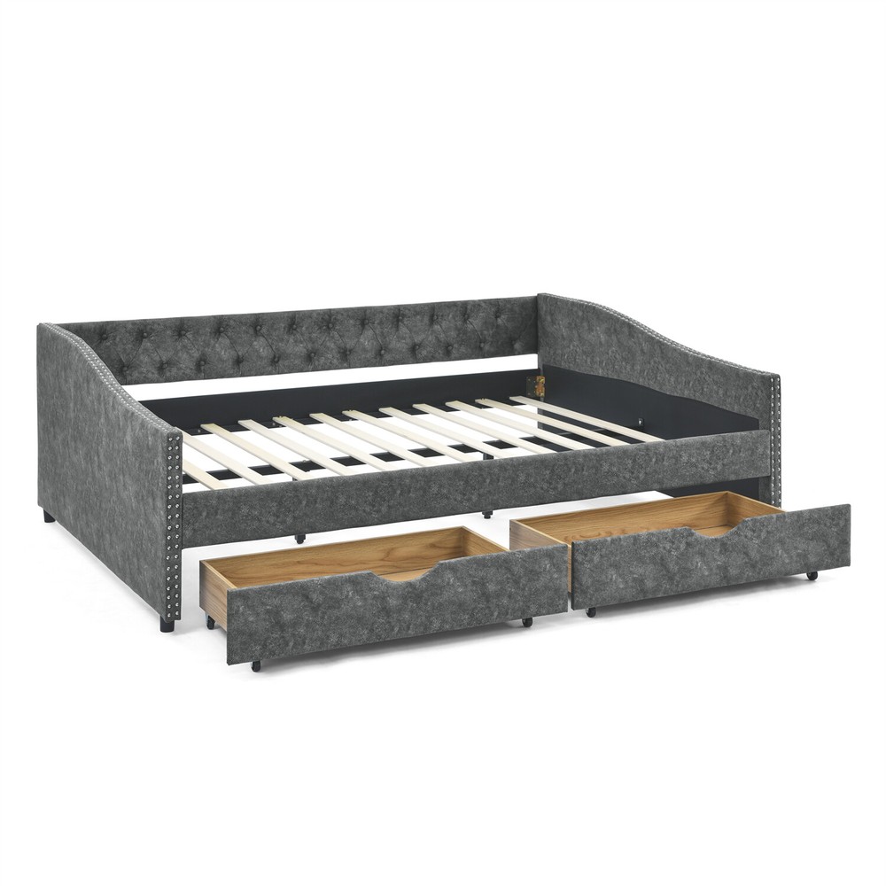 Queen Size Daybed with 2 Storage Drawers Upholstered Bed Frame Sofa Bed US