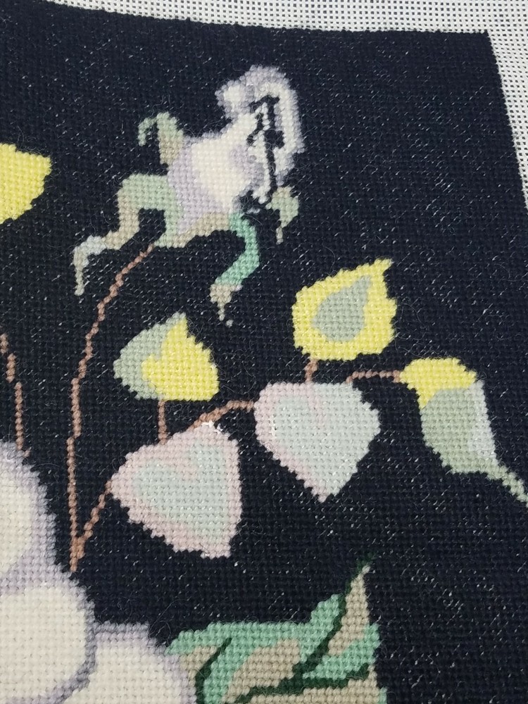 Partial Finished Vintage Needlepoint Panel White Roses Leaves 17.5" square