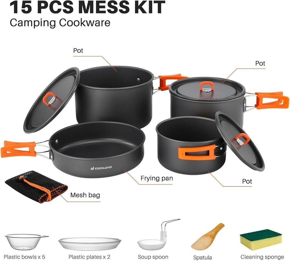 Compact 15pcs Camping Cookware with Folding Handles - Perfect for Hiking