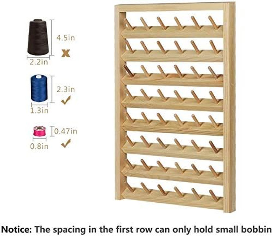 48-Spool Sewing Thread Rack, Wall-Mounted Thread Holder with Hanging Hooks, Wood