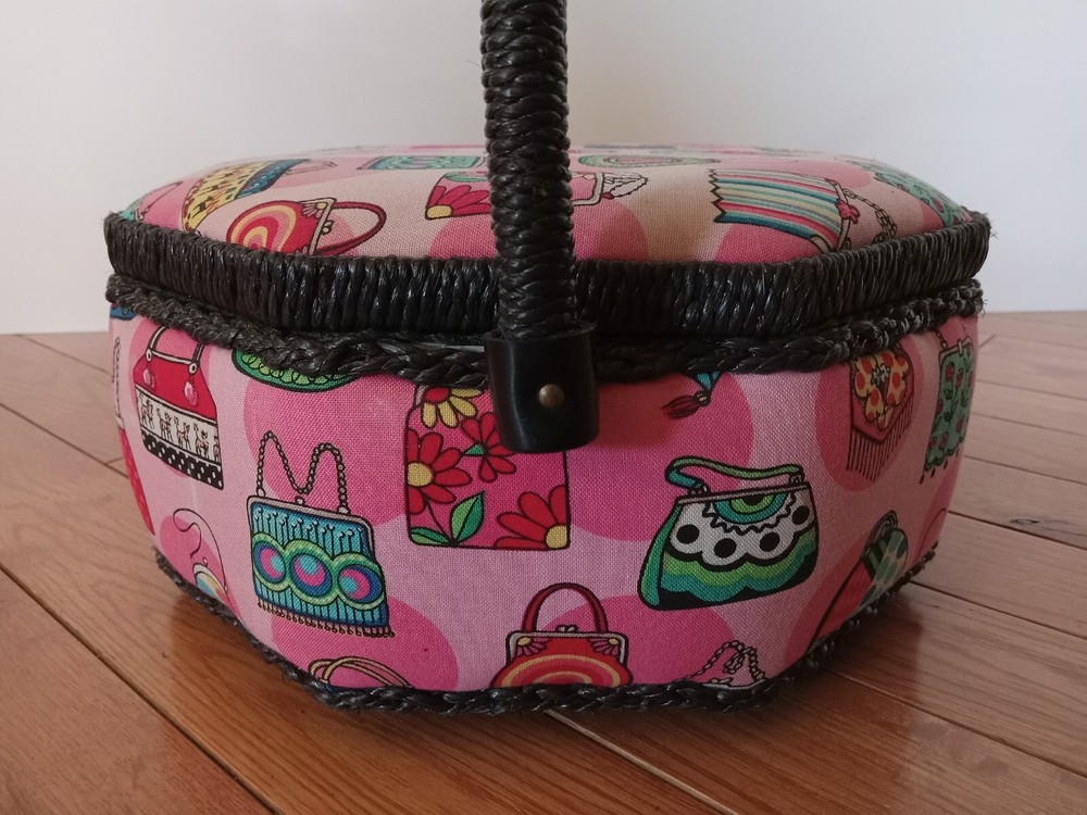 Sewing Box Hexigon Shaped Padded Pink w/ Black Wicker Handle 9" Diameter