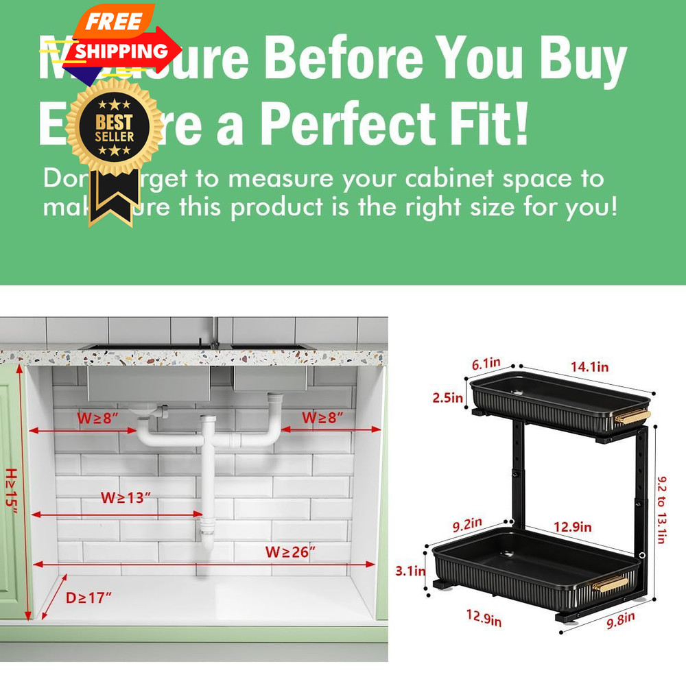 ARSTPEOE Under Sink Organizer - 2 Packs Multi-Purpose Pull-Out 2 Pack, Black