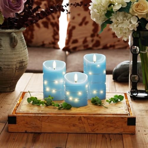Flameless Candles with String Lights, 3 Pack Embedded Fairy String Lights Blue