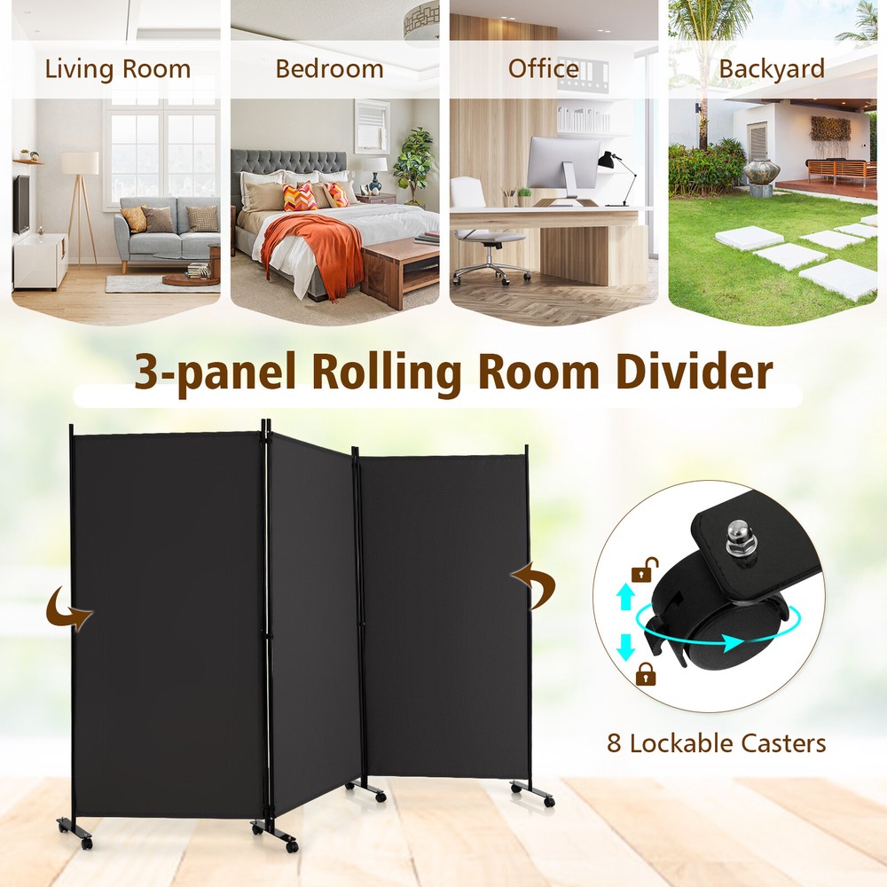 3-Panel Folding Room Divider 6Ft Rolling Privacy Screen w/Lockable Wheels Grey