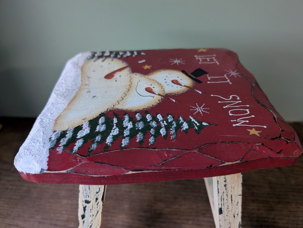 Snowman Christmas 'Let It Snow' Stool Hand Painted Primative Rustic Distressed