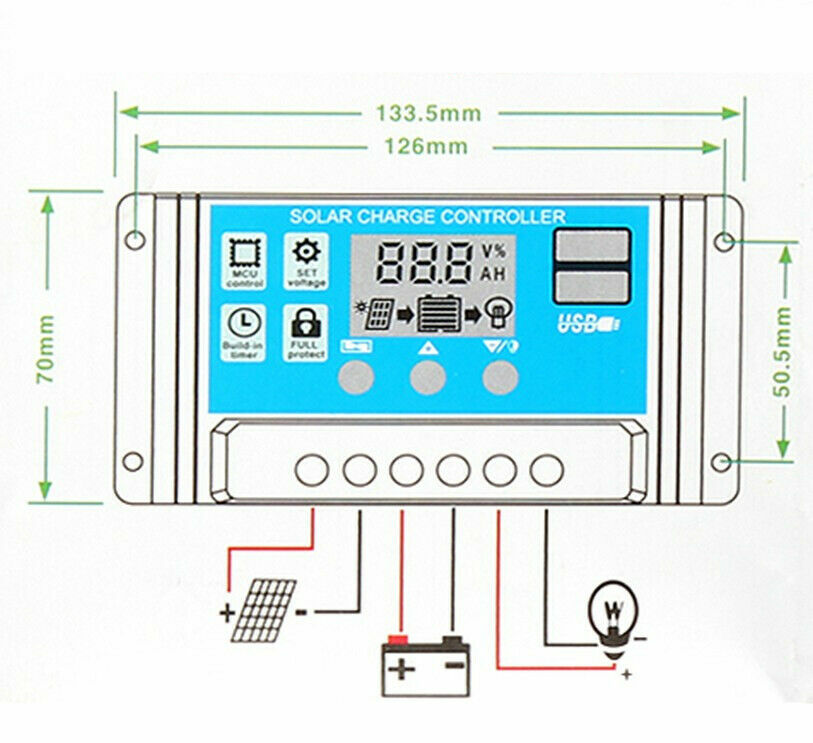 2 Packs Solar Panel Battery Charge Controller 30A 12V/24V LCD Dual USB Regulator