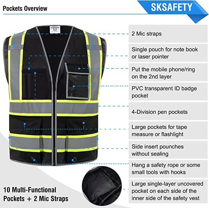 Hi Visibility Reflective Black Safety Vest /Solid knit Fabric front and back