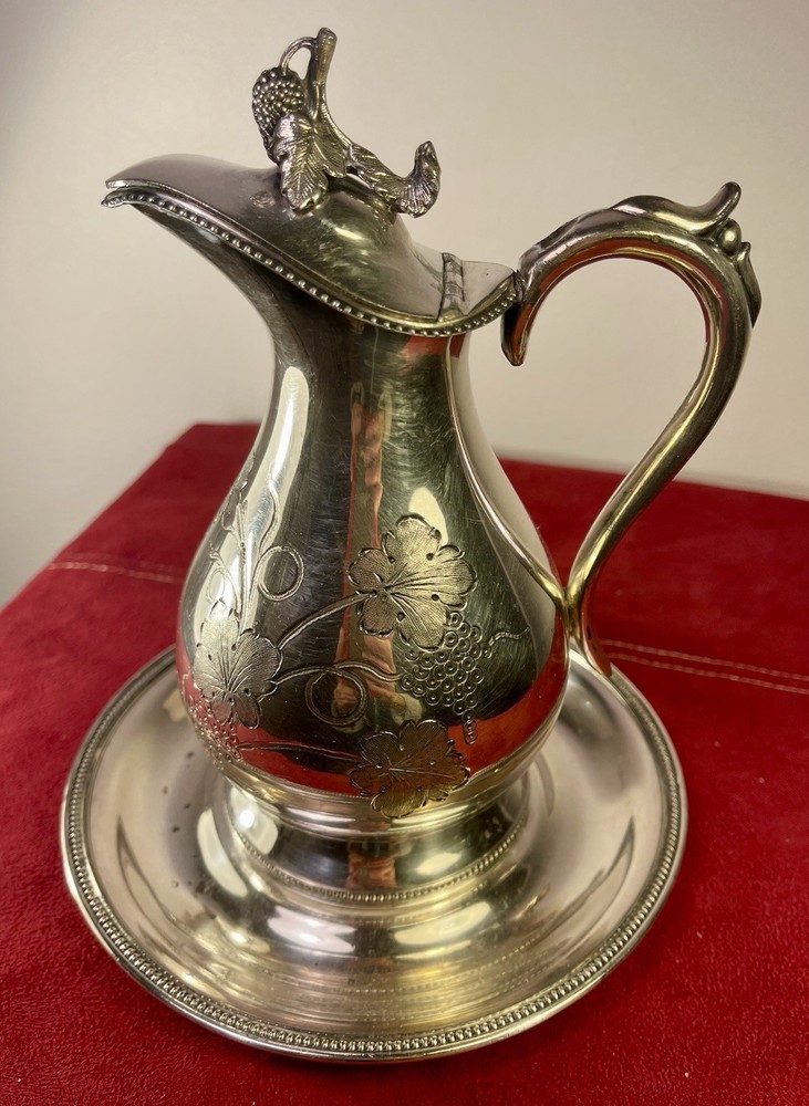 Silver Pitcherr & Saucer Aesthetic Movement - Engraved Grape & Leaf Design