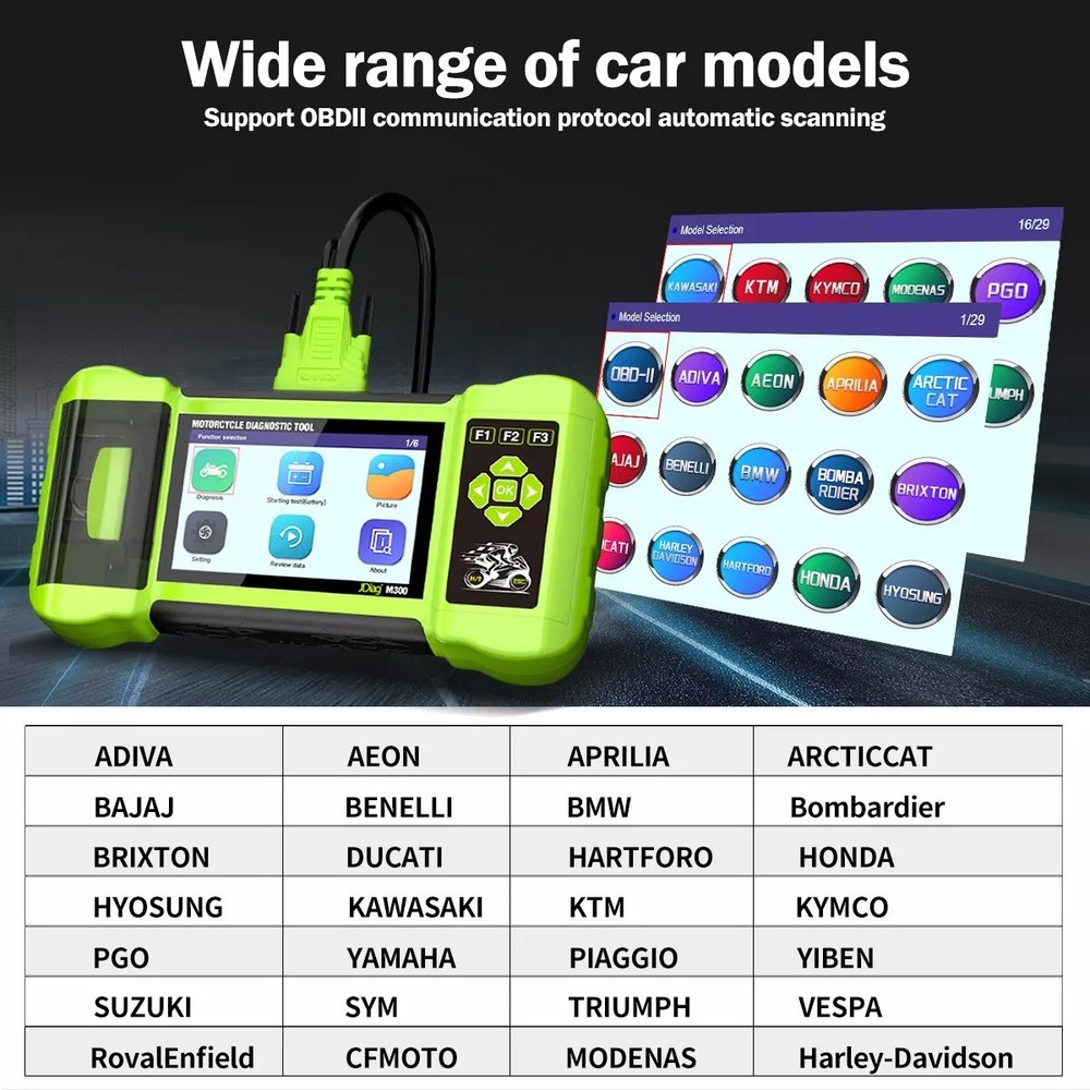 JDiag M300 Motorcycle Code Reader Scanner Diagnostic Tool ABS Battery Analysis
