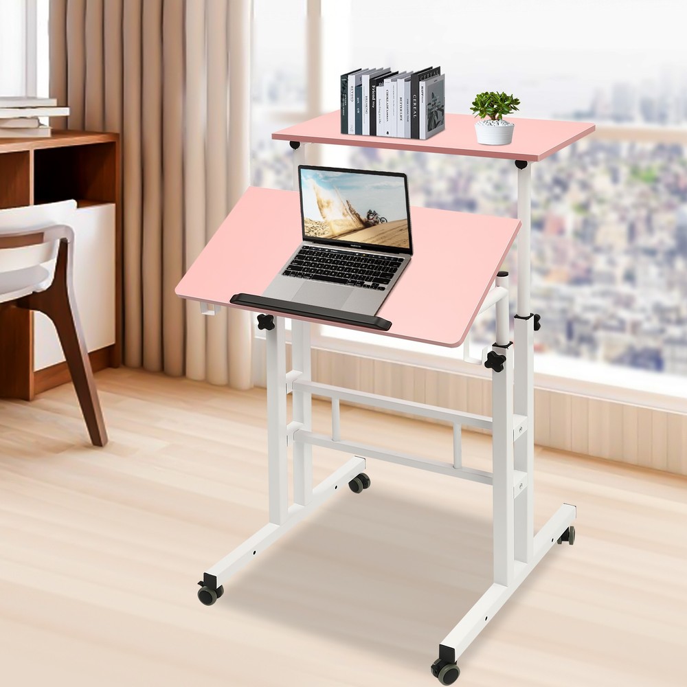 Mobile Adjustable Standing Desk with Dual Desktop for Home & Office