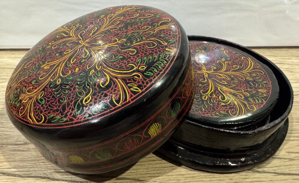 Six Lacquerware Coasters in Round Lacquerware Container