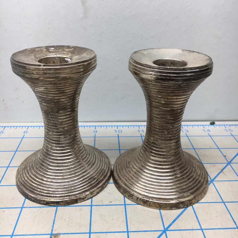 Unknown vintage candlesticks ribbed pair silver chrome Short 4” Tall