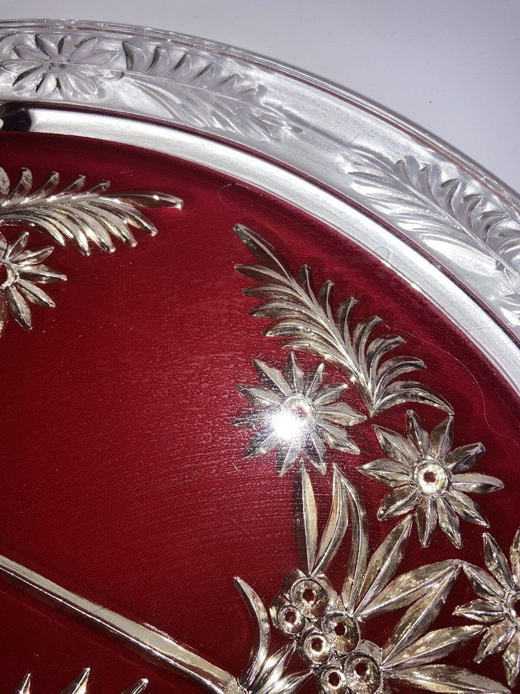 Vintage Mercury Silver Ruby Red Platter Stand Goofus Glass Beautiful