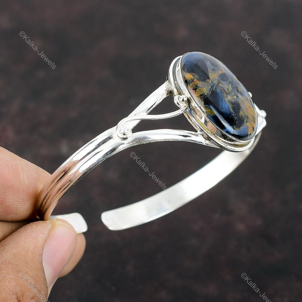Gift For Her 925 Sterling Silver Natural Pietersite Gemstone Bangle Adjustable