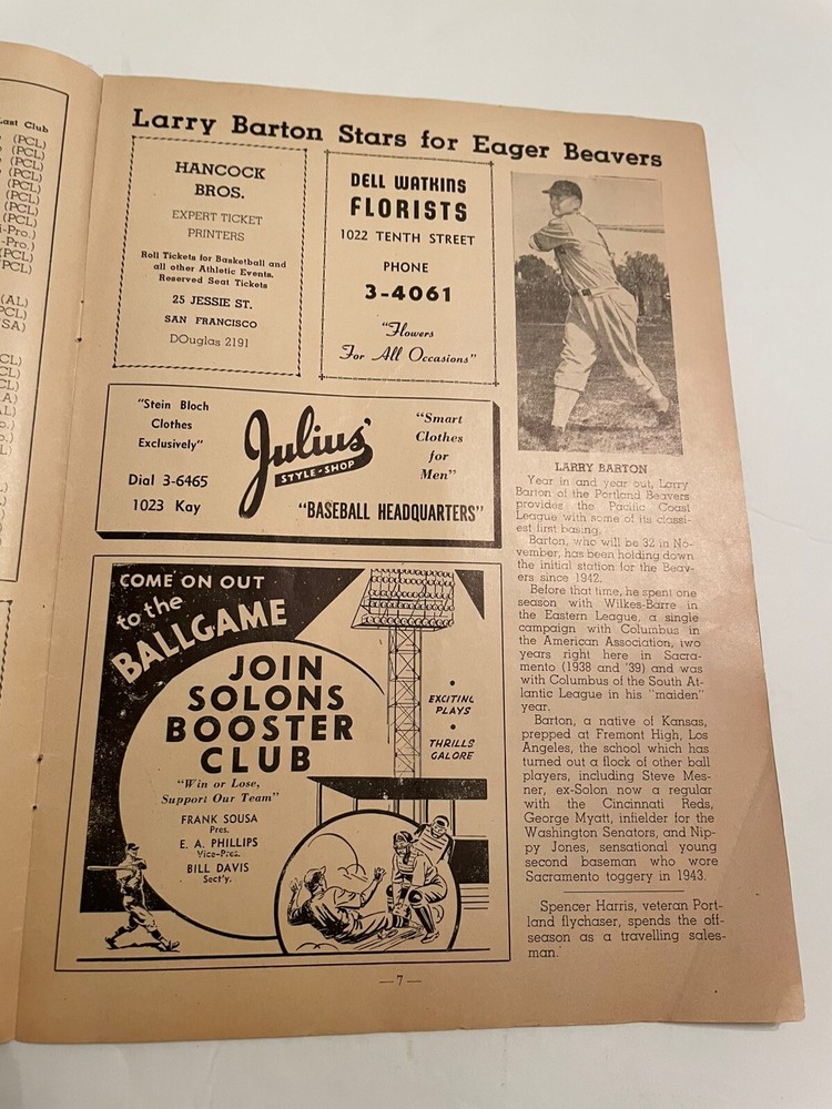 1945 Pacific Coast League Solons Baseball Program Doubleday Park Sacramento Ca