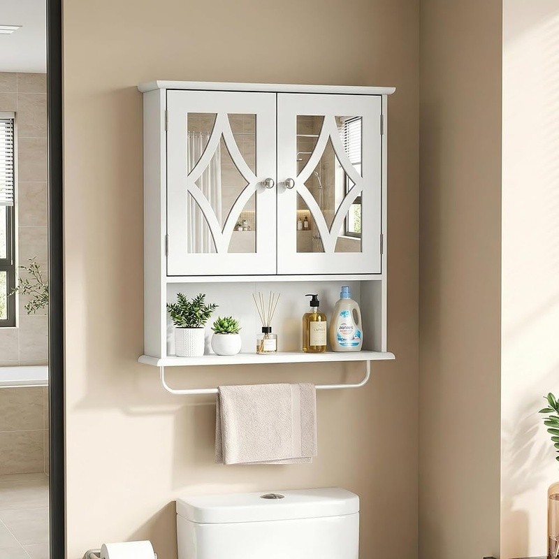 Multi-Functional Wall Mounted Cabinet W/ Towel Rack & Mirror Doors Storage New