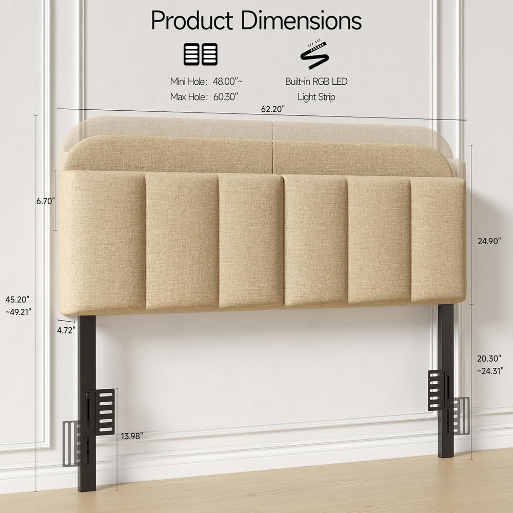 Queen Size Adjustable Headboard, Upholstered Headboard with Storage, APP Control