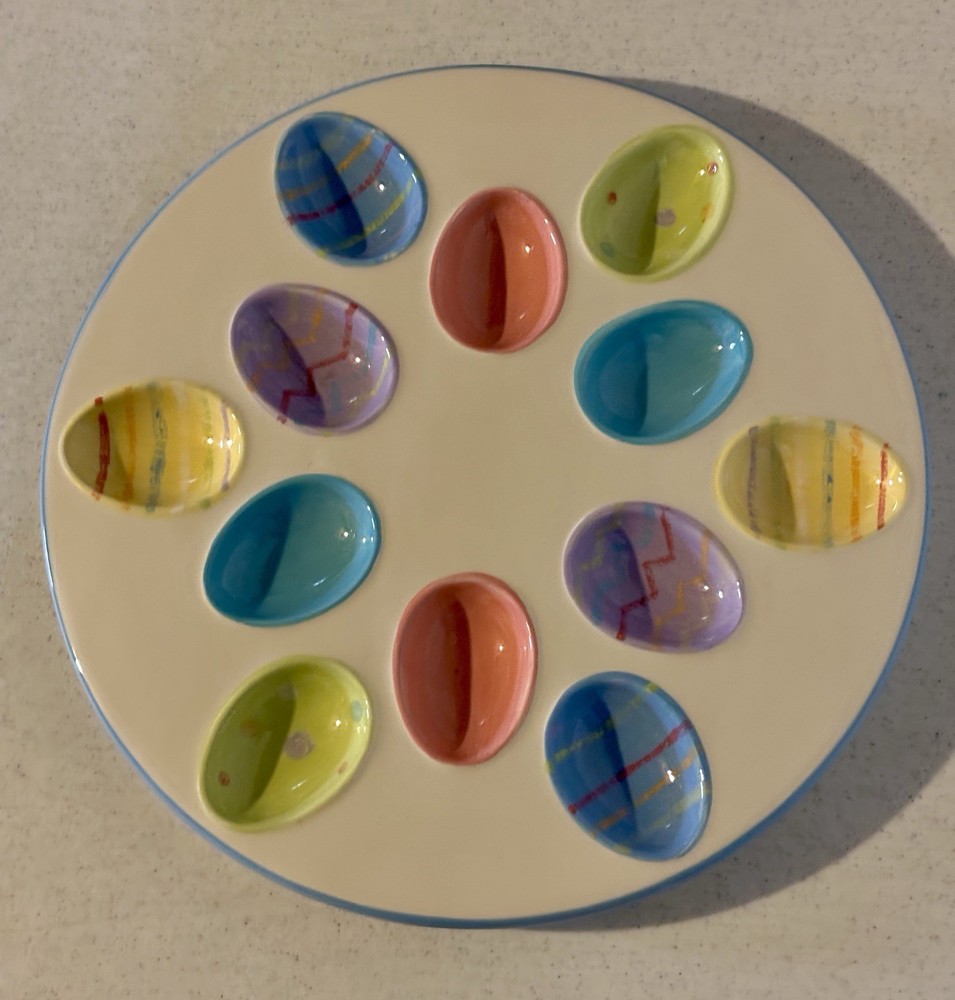 Easter Spring Colorful Egg Shaped Deviled Egg Tray Platter Holds 12 12.5 Inches
