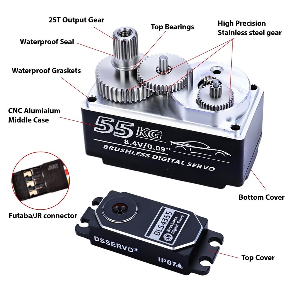 55kg Low-Profile Servo Programmable Brushless Digital Servo 0.09Sec High Spee...