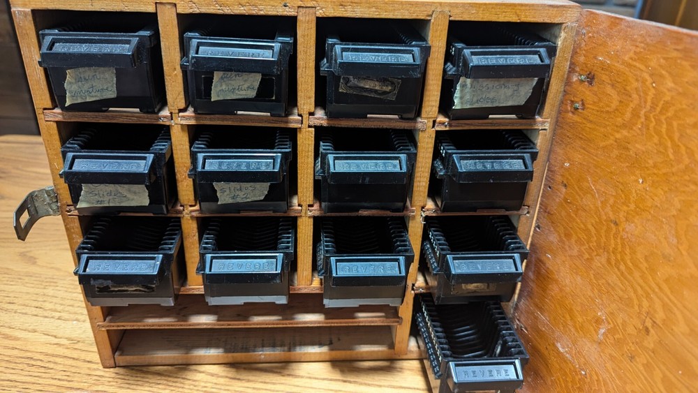 Wood Storage Box With Bins For Slides