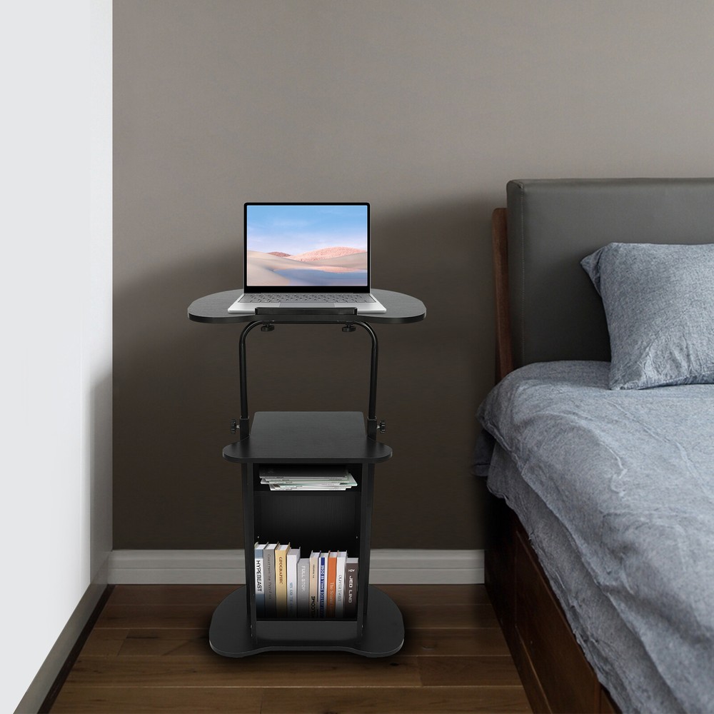 Adjustable Mobile Height Presentation Stand with Storage and Rolling Wheels