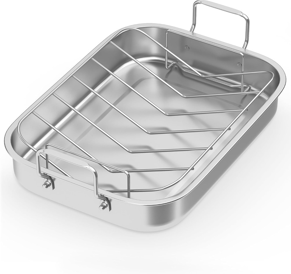 15.6'' Roasting Pan with V-Shaped Rack, Rectangular Lasagna Pan with Handle, Non