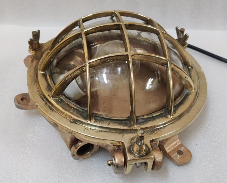 Vintage original Brass Cage&Iron Base Bulkhead passageway Light 2PC.