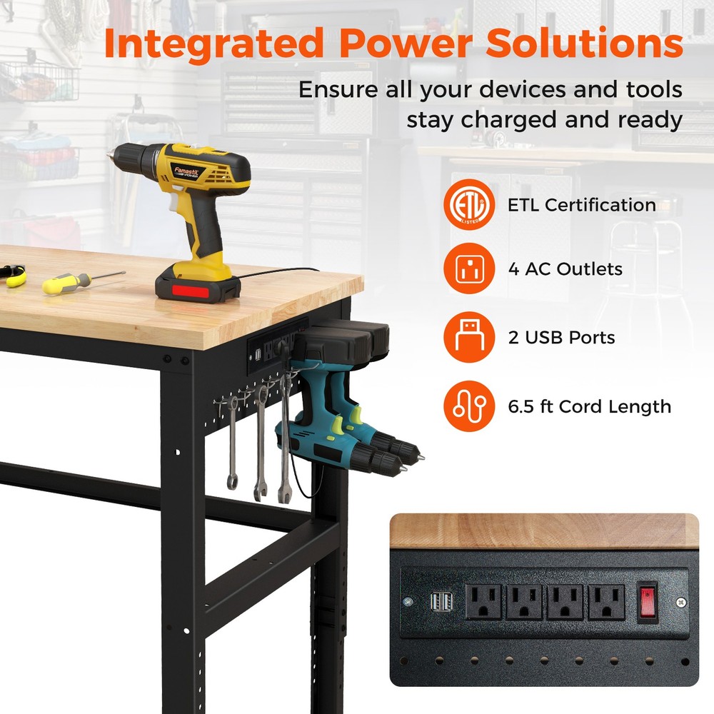 48" Adjustable Workbench w/ Power Outlet Universal Lockable Wheels Workshop