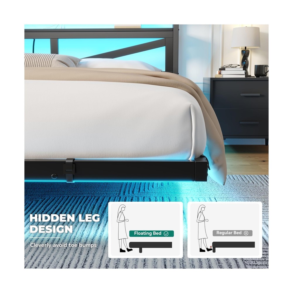 YITAHOME Full Size Floating Bed Frame with USB Charging Station Storage Headb...
