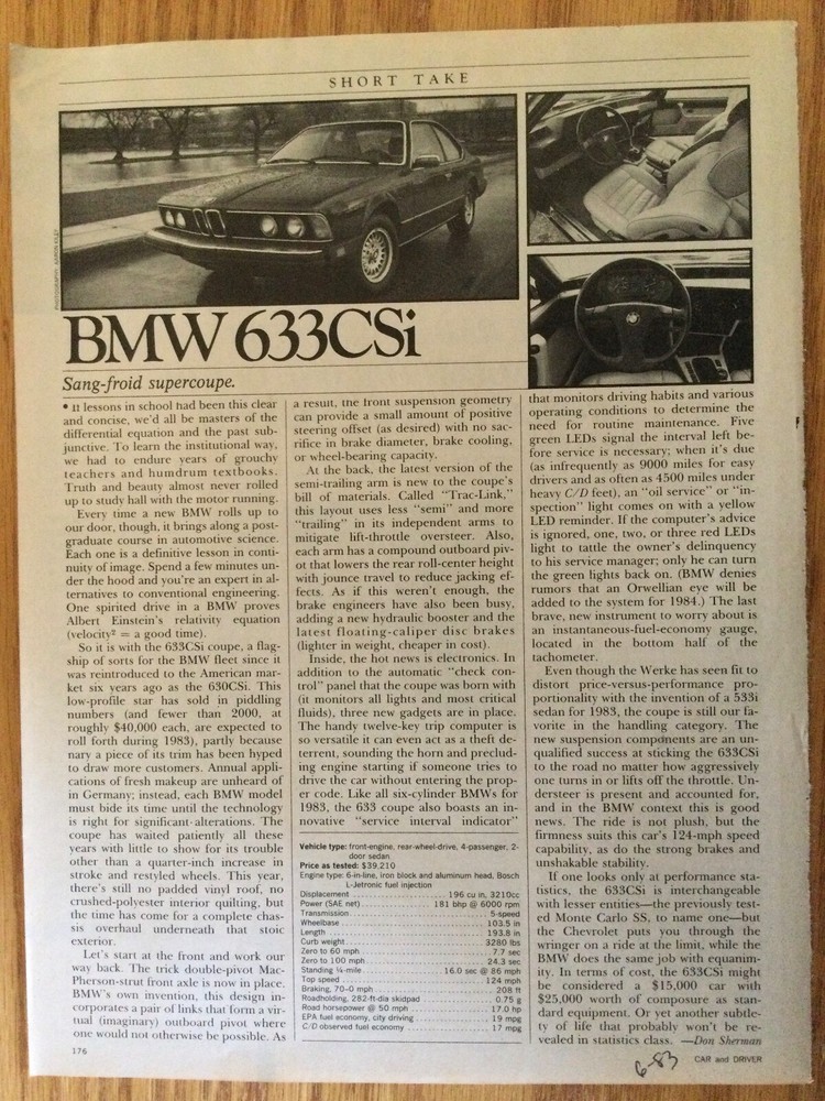 BMW66 Article BMW 633CSi June 1983 1 page