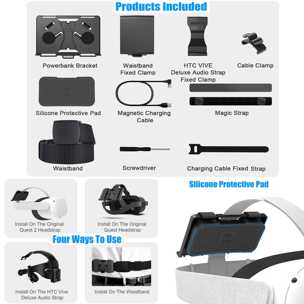 Power Pack Mount Bracket Battery Holder w/ USB Charge Cable Fix set for Quest 2