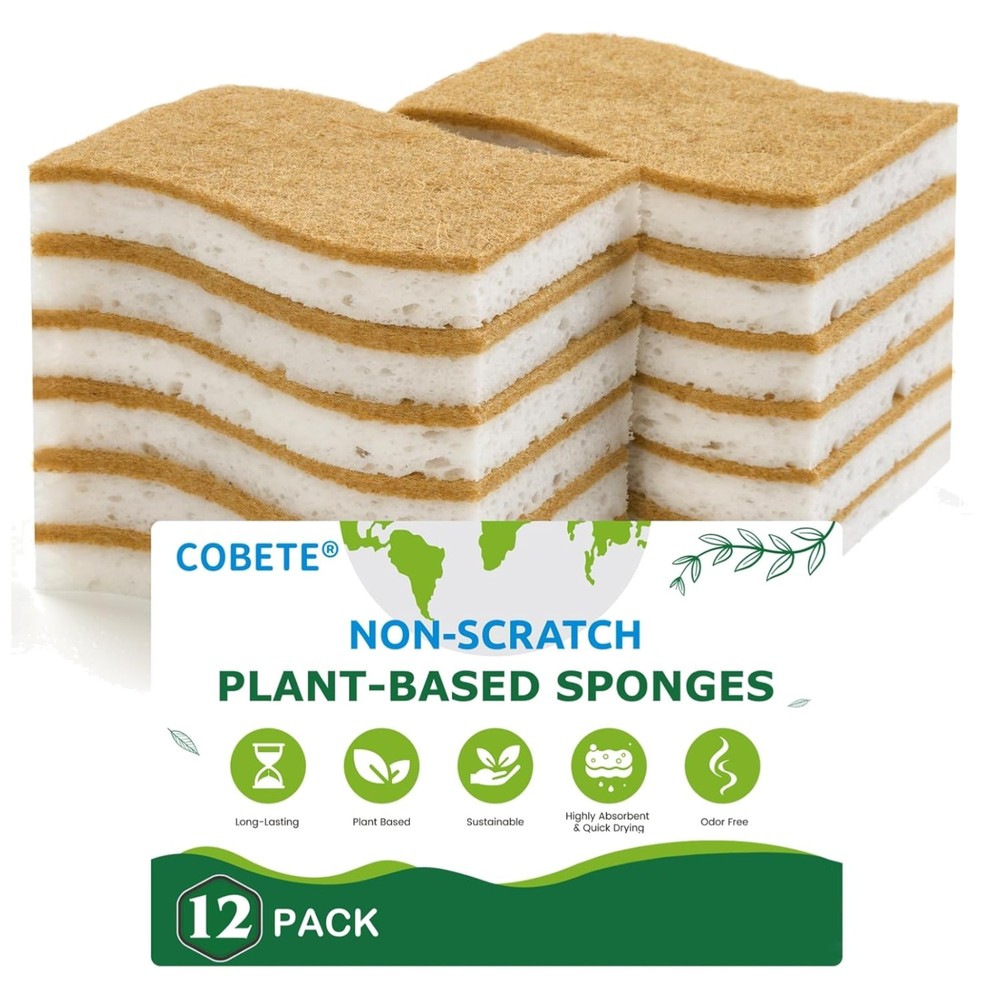 12 Pack Biodegradable Kitchen Sponges Non-Scratch Plant-Based Coconut Cellulose
