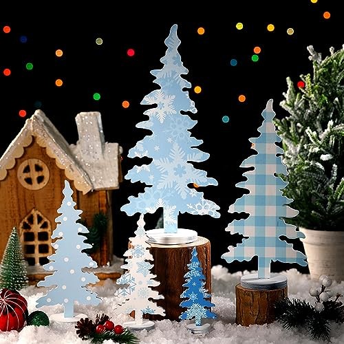 5 Pcs Winter Tabletop Decorations Blue Tree Table Sign Christmas Tree Wooden