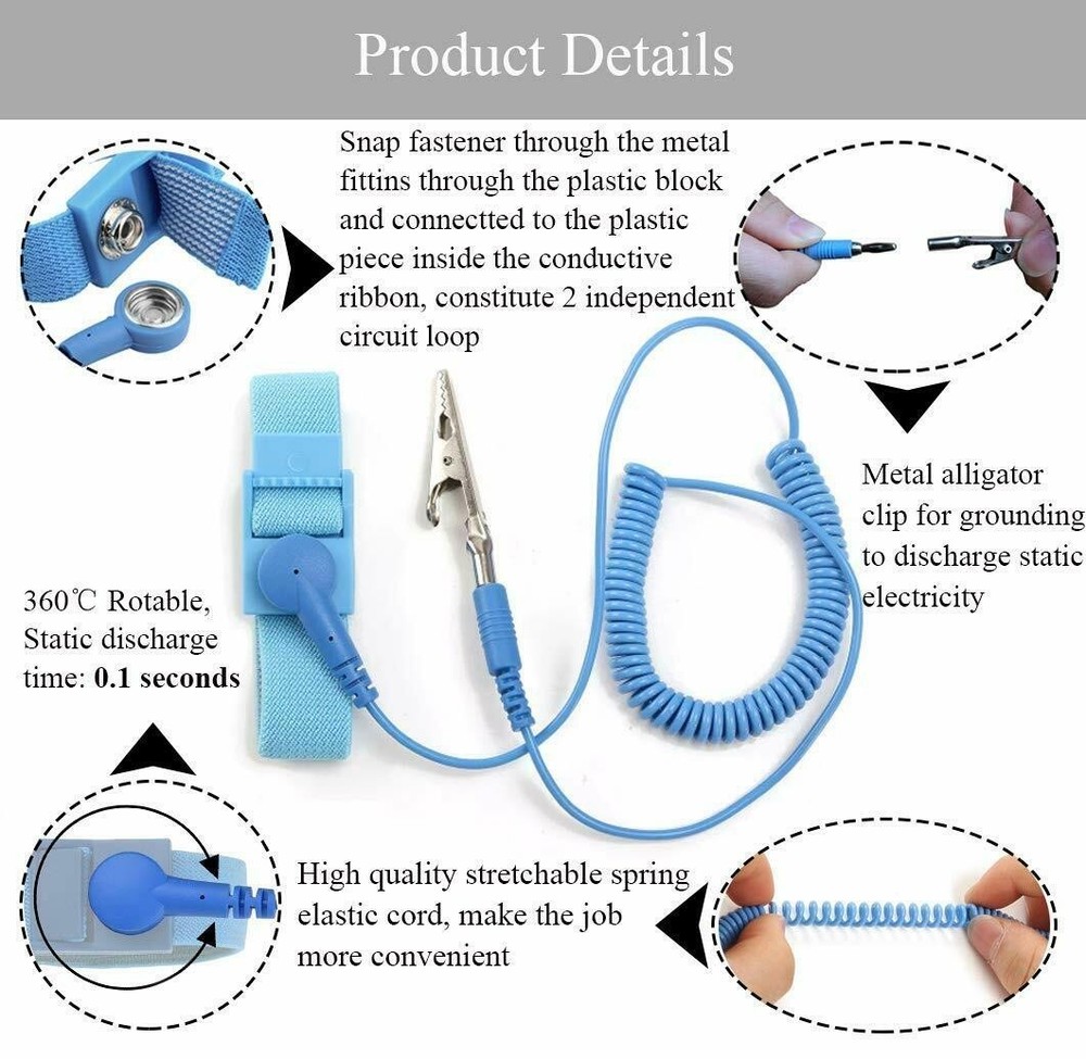 Anti-Static Wrist Strap ESD Grounding Strap With Removable Clip