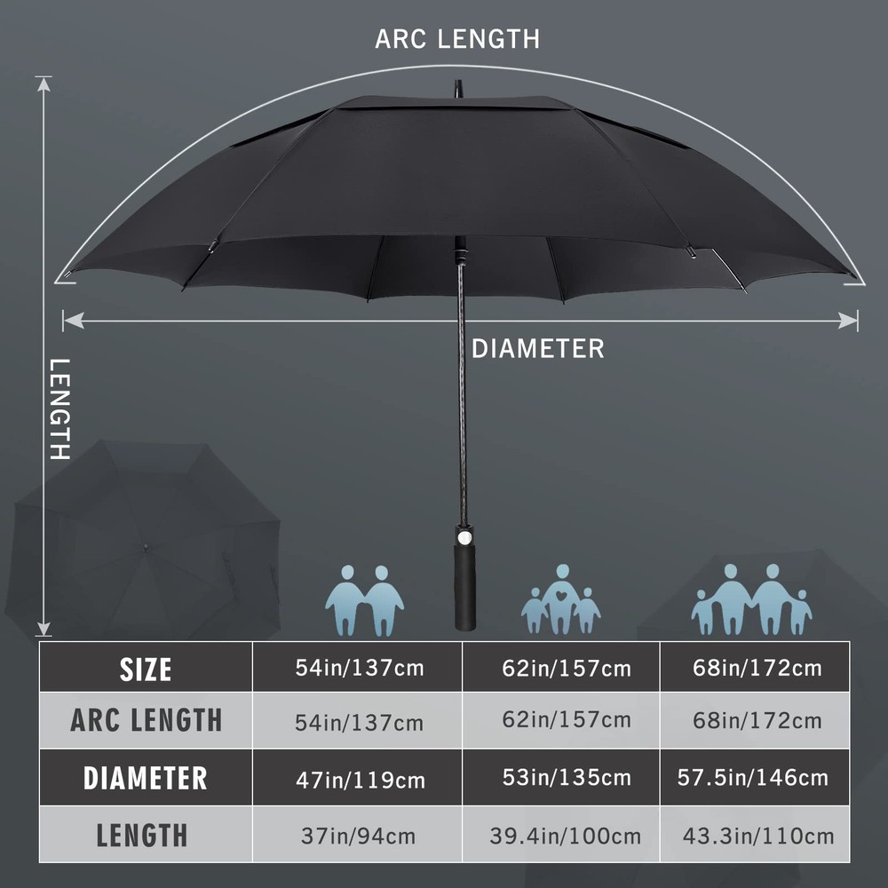 64" Automatic Open Golf Umbrella Large Vented Waterproof Windproof Double Canopy
