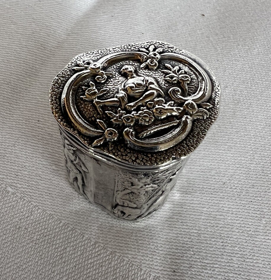 Antique 19th C Dutch Sterling Silver Repousse Pill Box