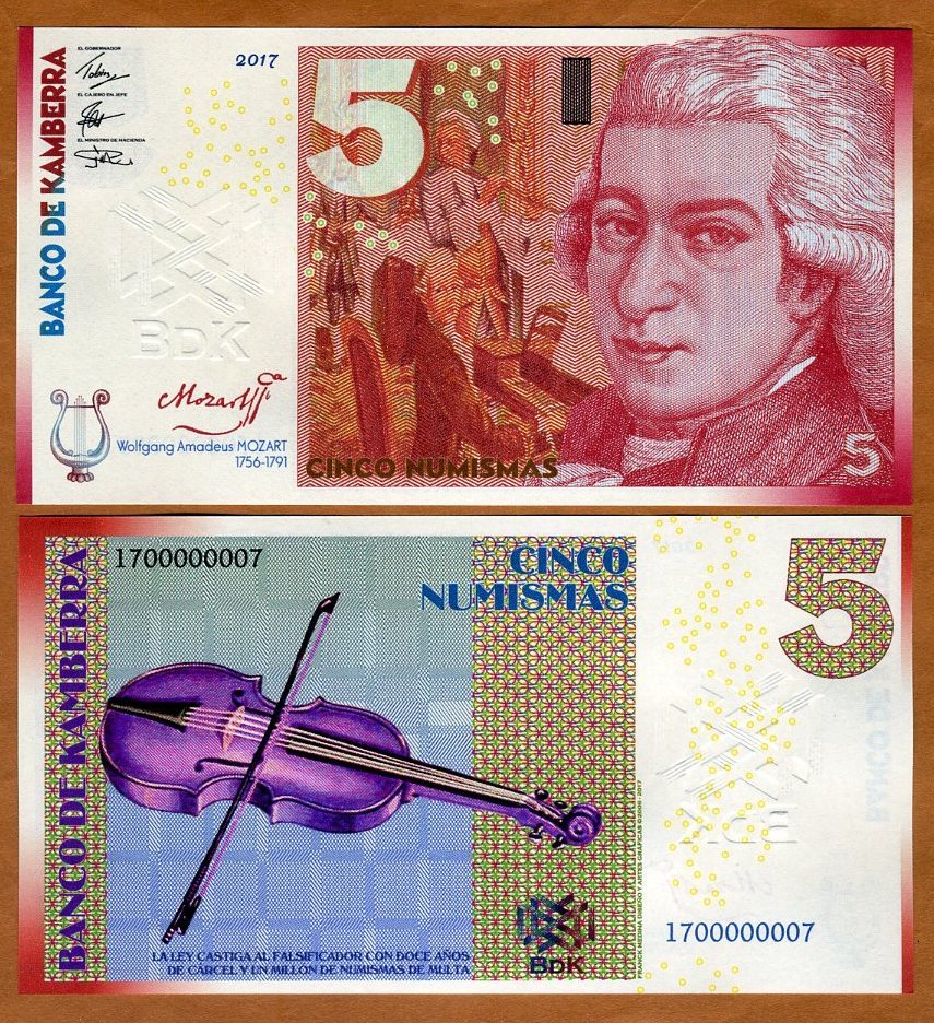 Kamberra, 5 Numismas, 2017, UNC Mozart Redesigned