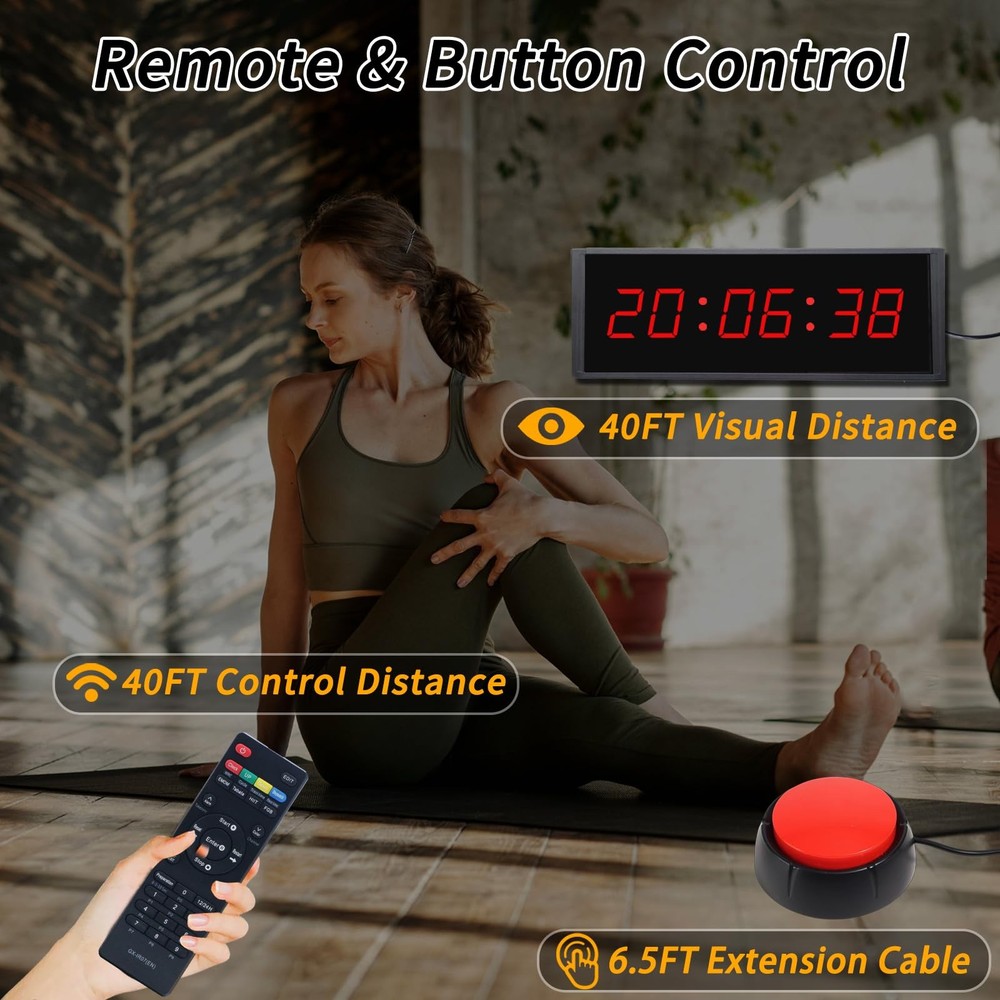 Gym Timer Clock with Start/Stop Button,12/24H Digital Wall Black