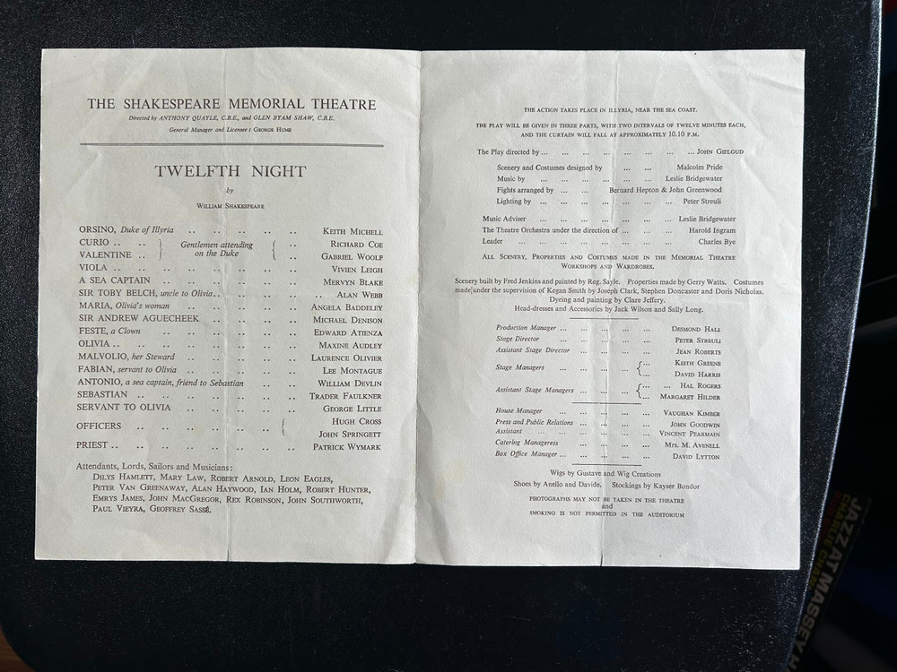 Twelfth Night Programme: 1955, 1ST PERFORMANCE Shakespeare L. OLIVIER/V. LEIGH