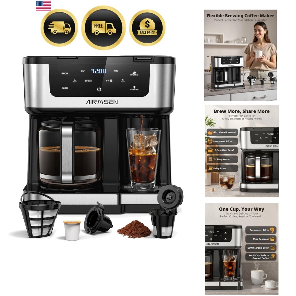 12-Cup Programmable Dual Coffee Maker – Single Serve Machine for K-Cup Pods &...