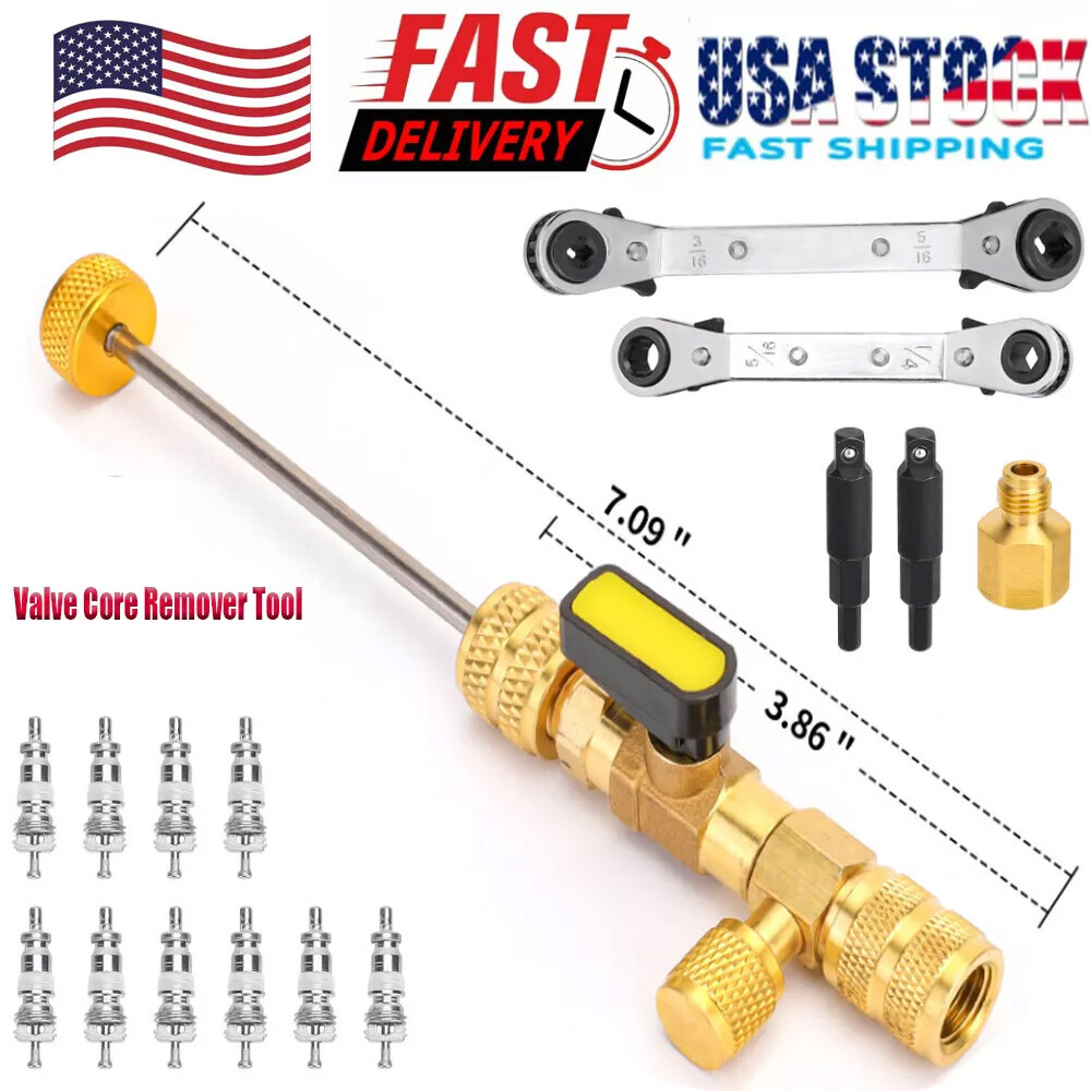 Valve Core Remover Installer Tool & HVAC Service Wrench with Hex Bit Adapter Kit
