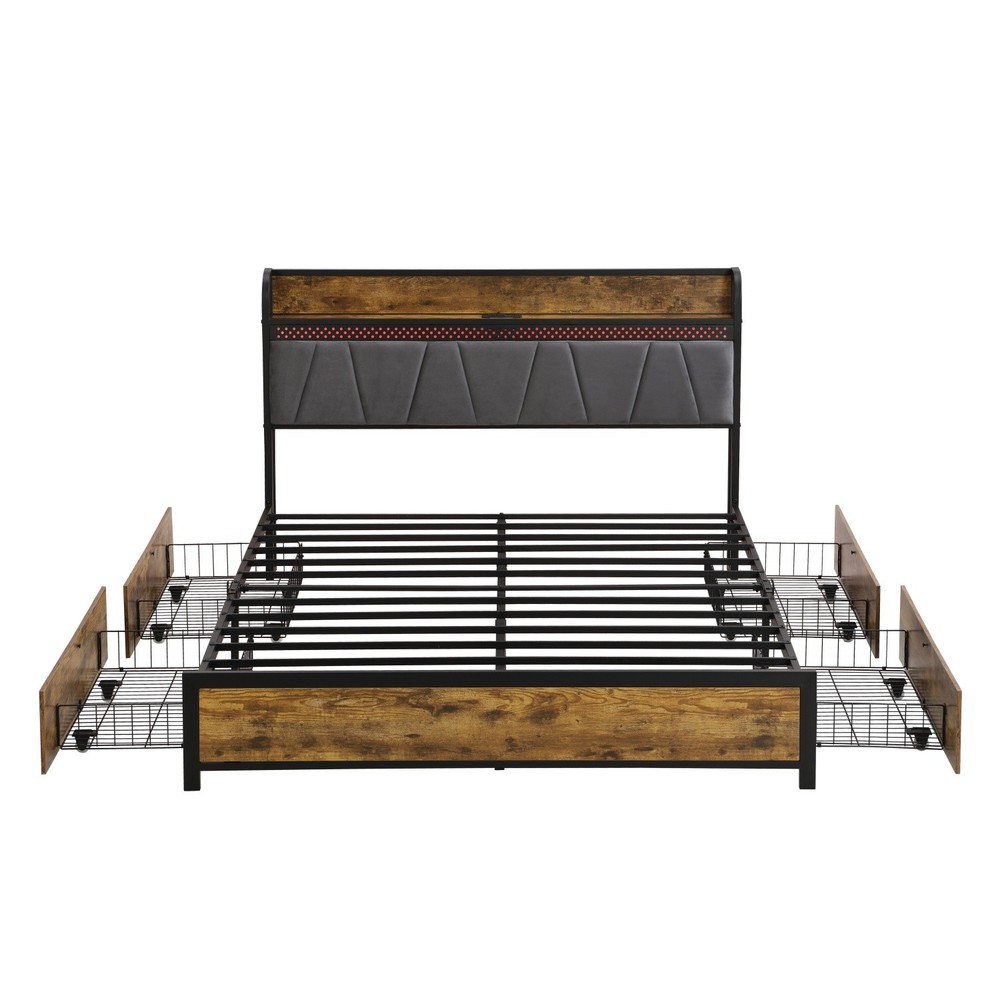 Full/Queen Size Platform Bed Frame w/ 4 Drawer & Storage Headboard & LED Lights