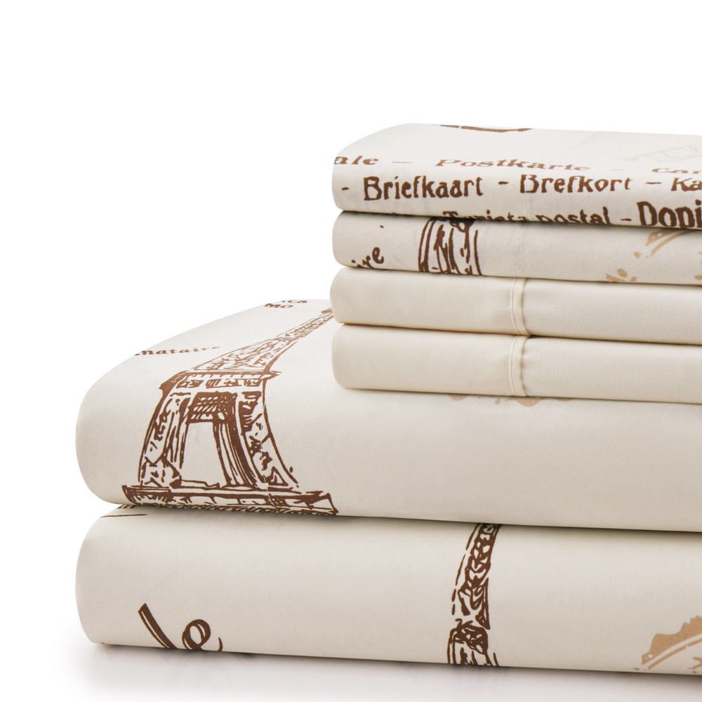 Rayon from Bamboo Deep Pocket 6 Piece Printed Sheet Set, Eiffel Tower Ivory Twin