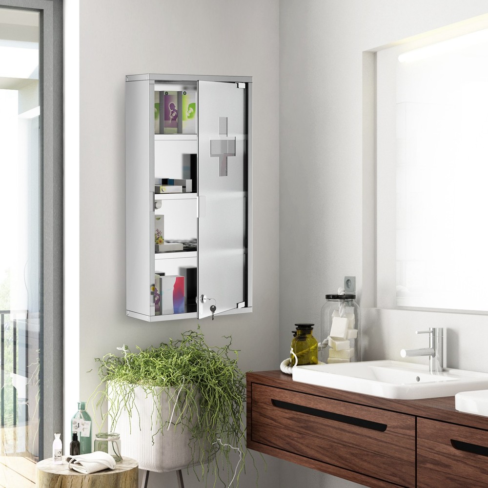 Wall Medicine Cabinet with Lock, Lockable Wall Cabinet, Silver