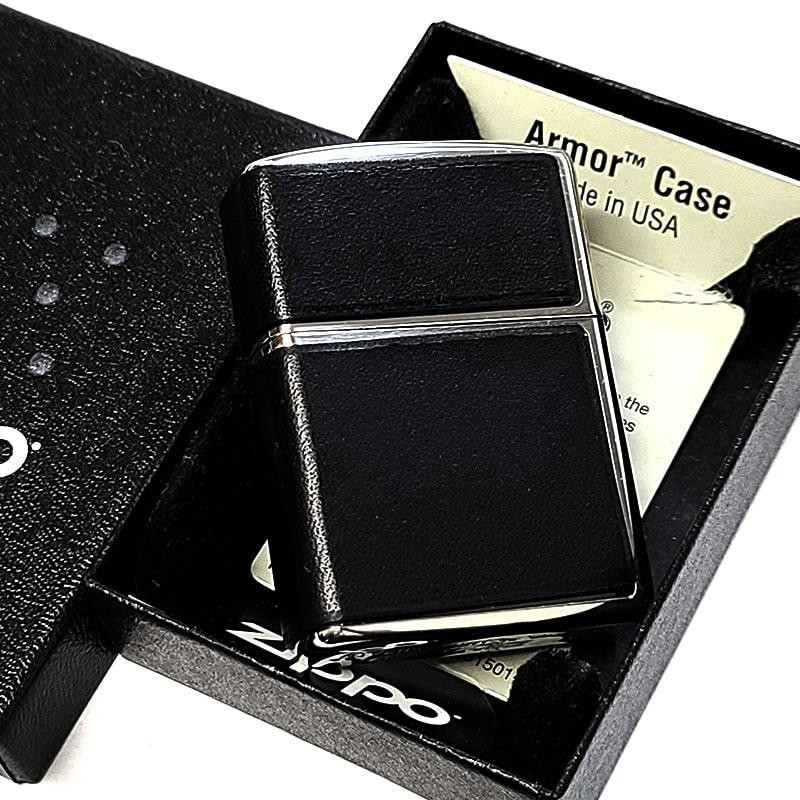 Zippo Armor Case Black Cowhide Leather Silver 3 Sided Processing Lighter Japan