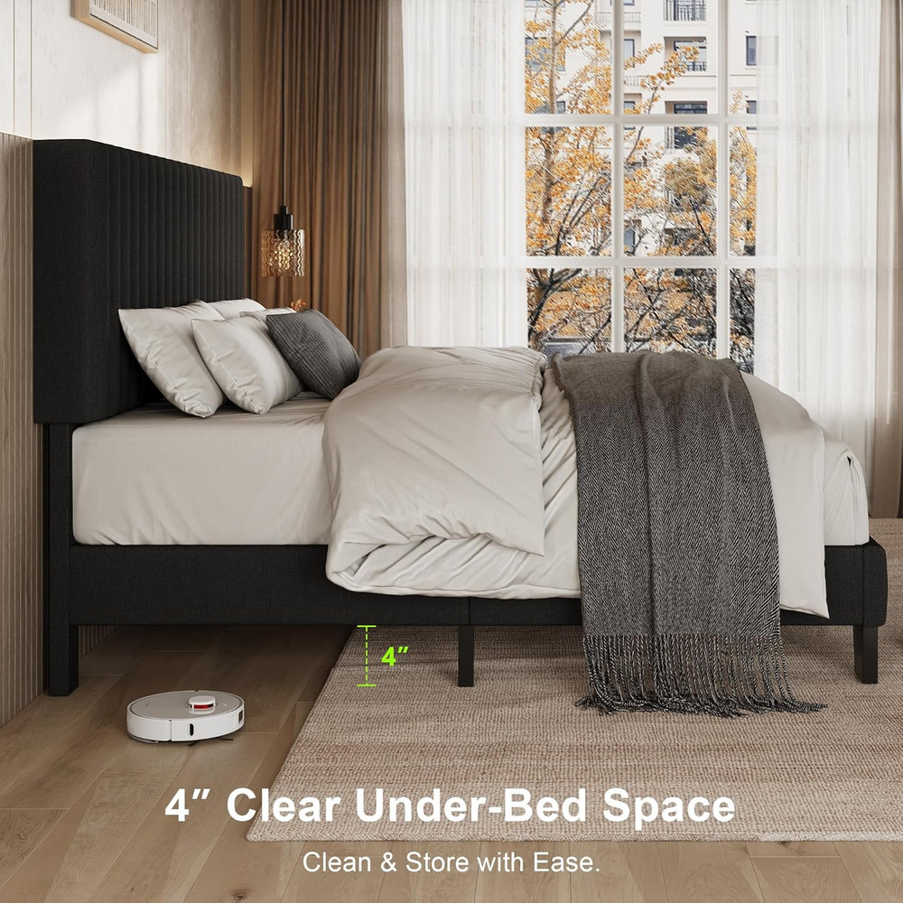 Queen Size Bed Frame w/ Headboard, Upholstered Linen Platform Bedframe with Soli